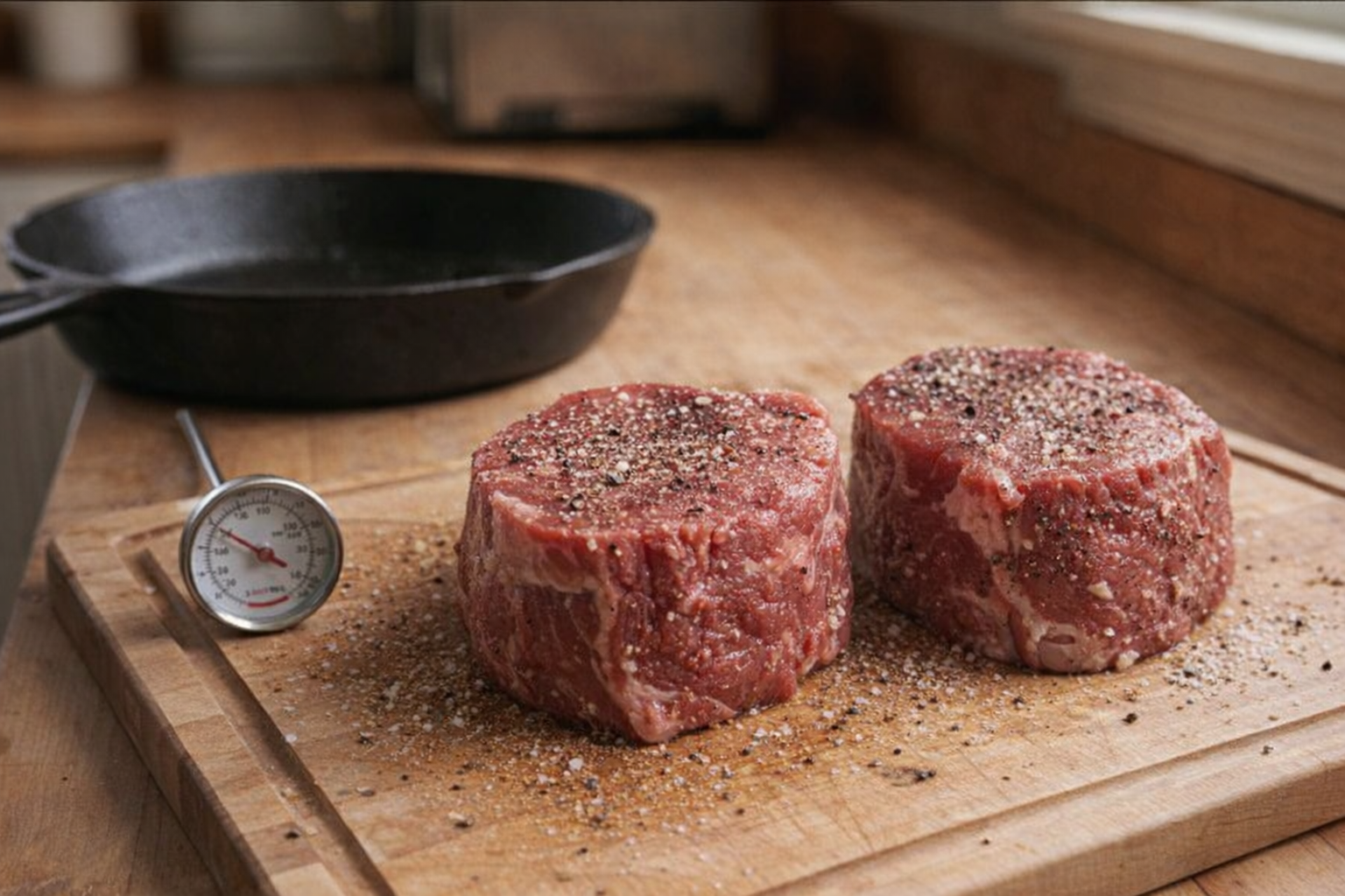 Two raw filet mignon steaks seasoned with salt and pepper on a wooden cutting board, next to a meat thermometer and cast iron skillet, natural light